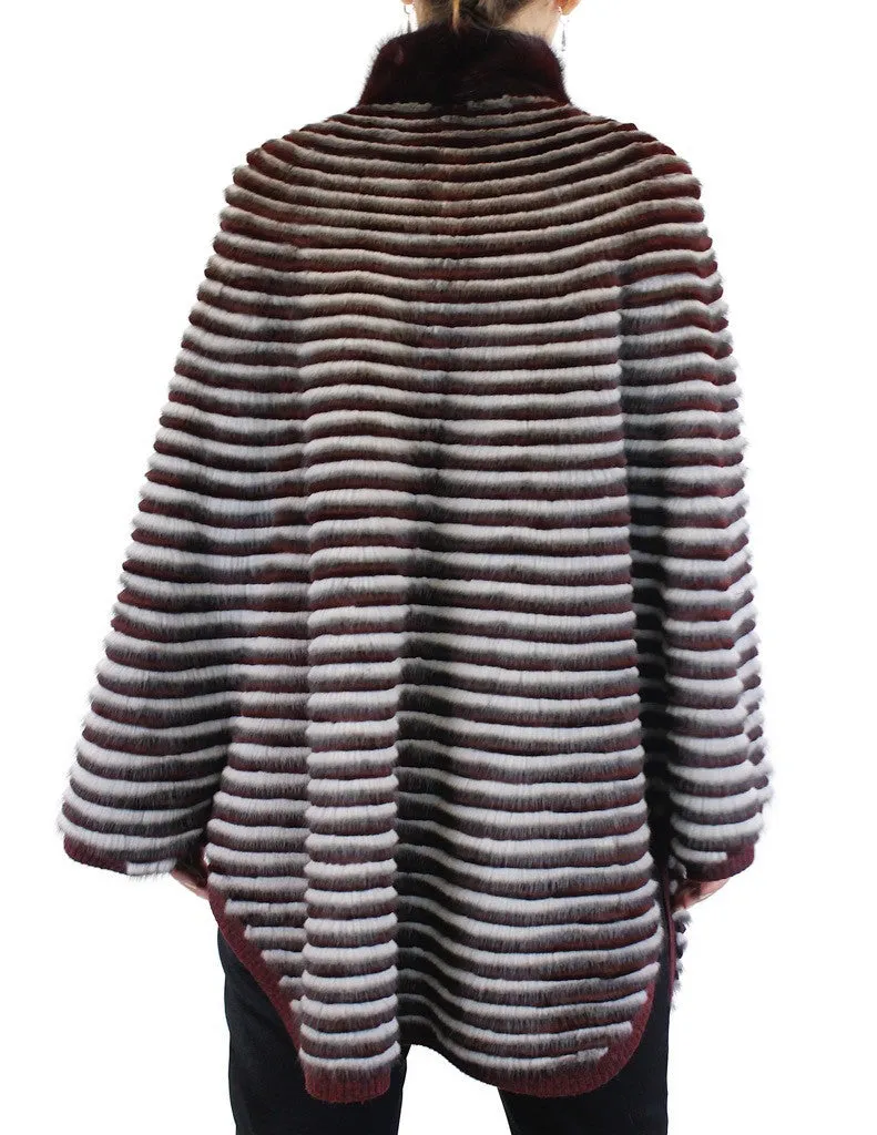 WINE RED & GRAY HORIZONTAL STRIPED MINK FUR & WOOL PONCHO SWEATER