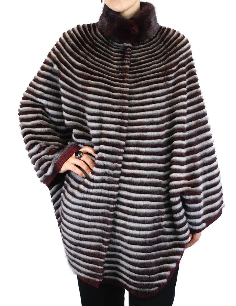 WINE RED & GRAY HORIZONTAL STRIPED MINK FUR & WOOL PONCHO SWEATER