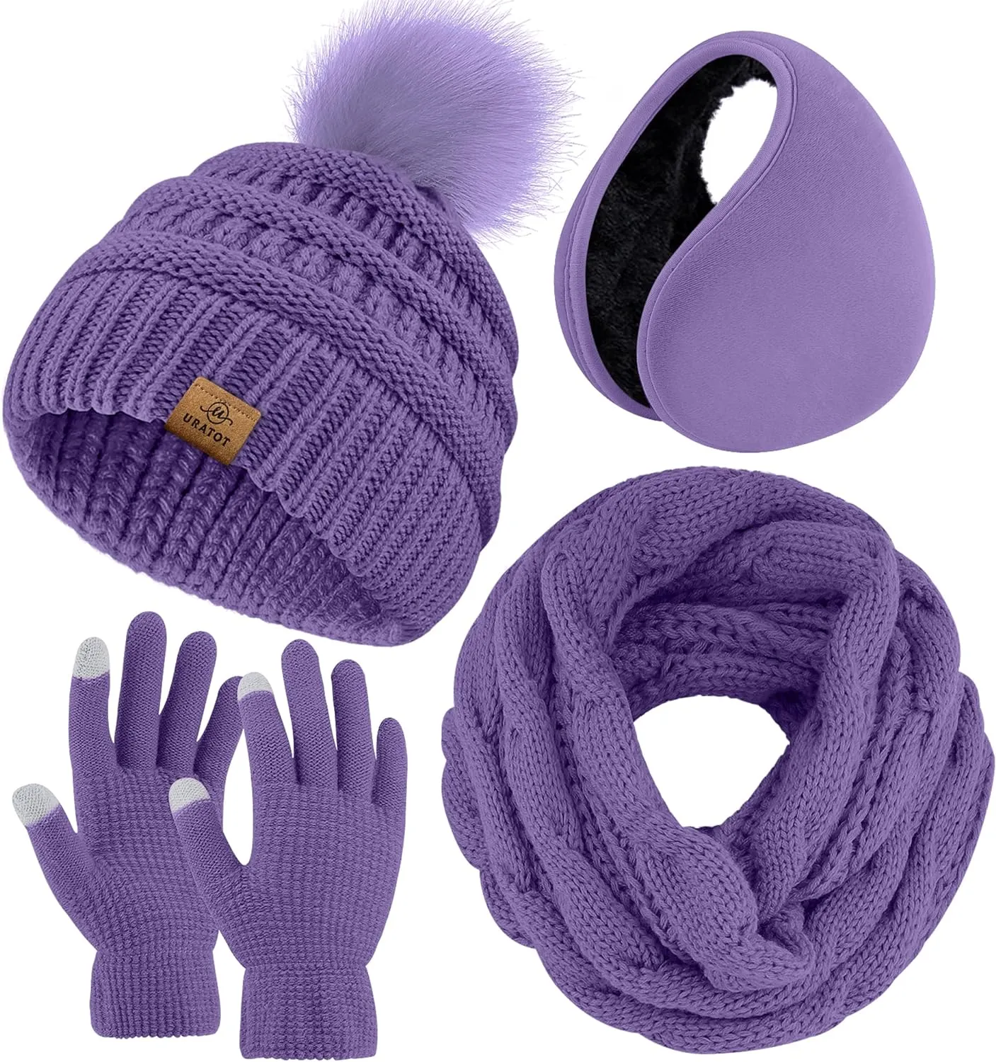 Winter Knit Mauve Pink Beanie Hat, Scarf, Ear Muff & Gloves Set