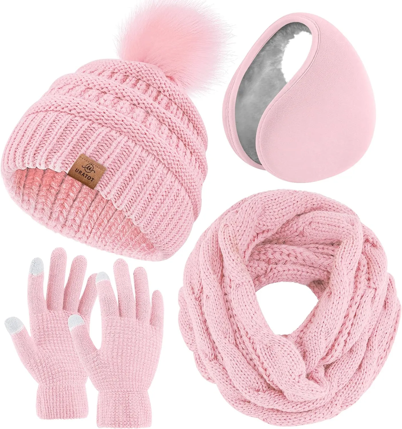 Winter Knit Mauve Pink Beanie Hat, Scarf, Ear Muff & Gloves Set