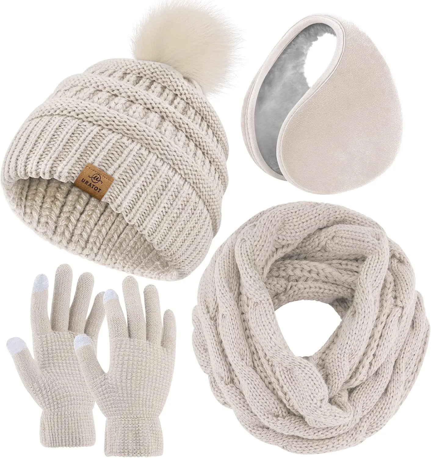 Winter Knit Mauve Pink Beanie Hat, Scarf, Ear Muff & Gloves Set