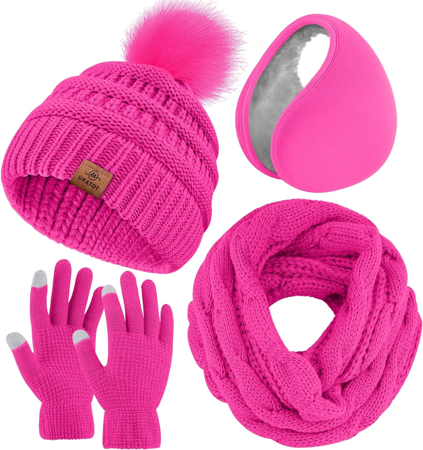 Winter Knit Mauve Pink Beanie Hat, Scarf, Ear Muff & Gloves Set