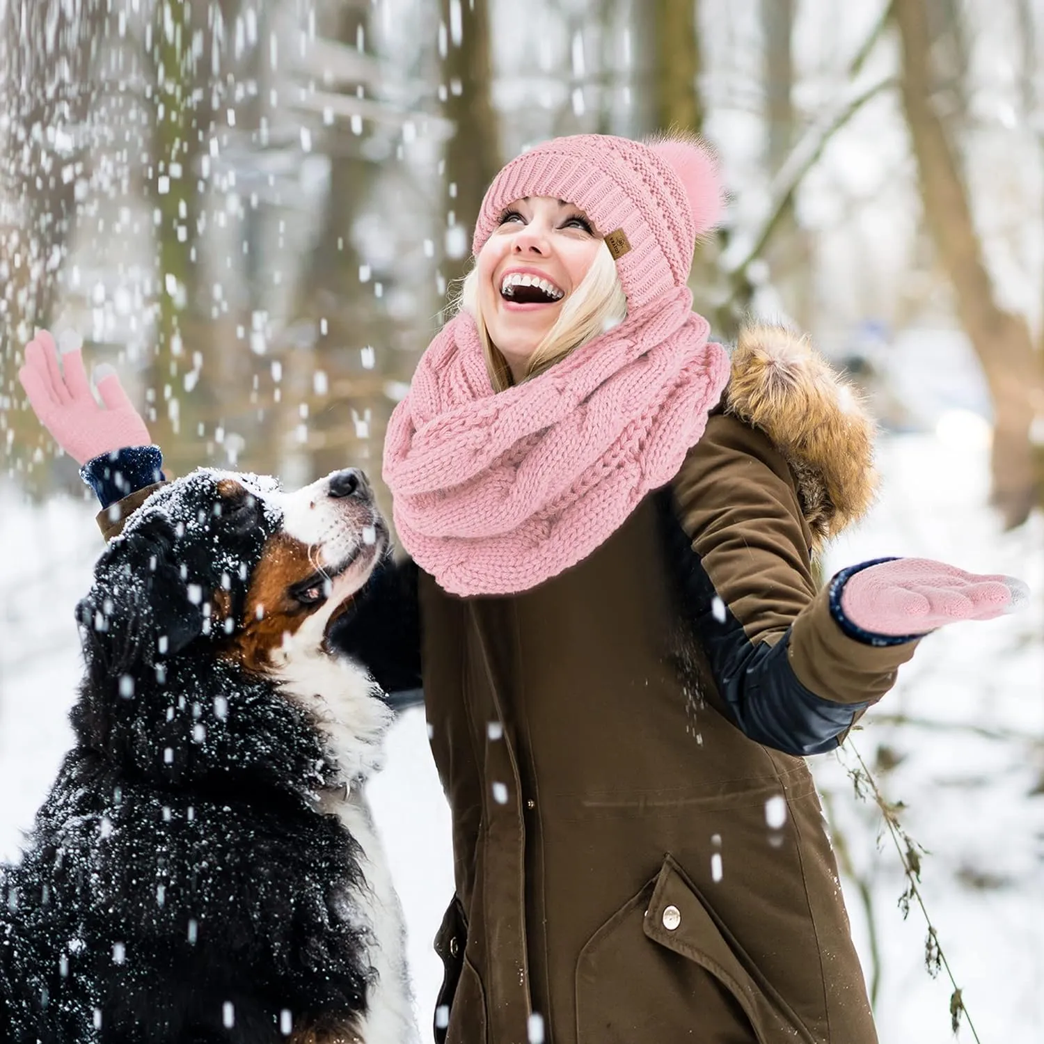 Winter Knit Mauve Pink Beanie Hat, Scarf, Ear Muff & Gloves Set