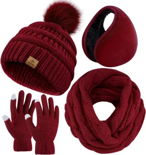 Winter Knit Red Wine Beanie Hat, Scarf, Ear Muff & Gloves Set