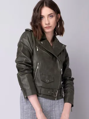 Women Green Crop Biker Jacket | QAWACH