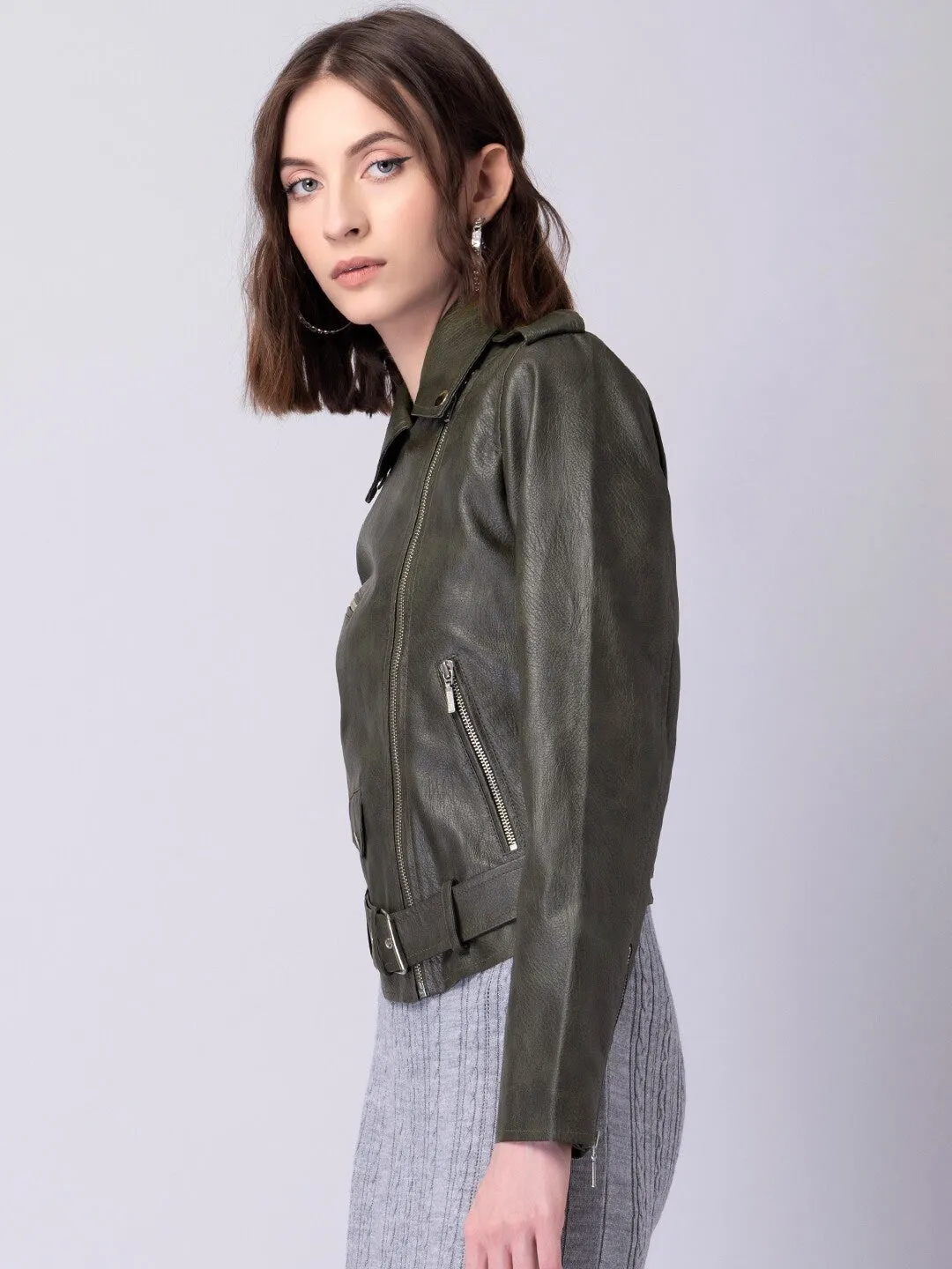 Women Green Crop Biker Jacket | QAWACH