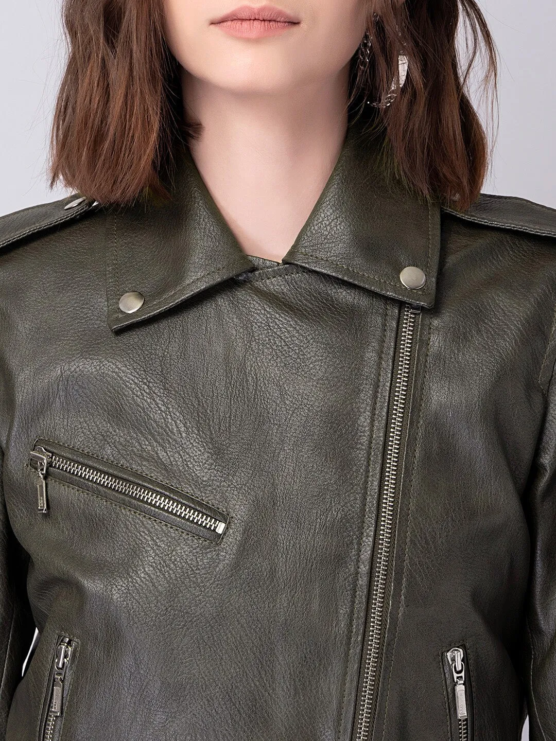 Women Green Crop Biker Jacket | QAWACH