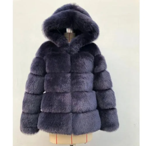 Women Hooded Long Sleeve Faux Fur Jacket