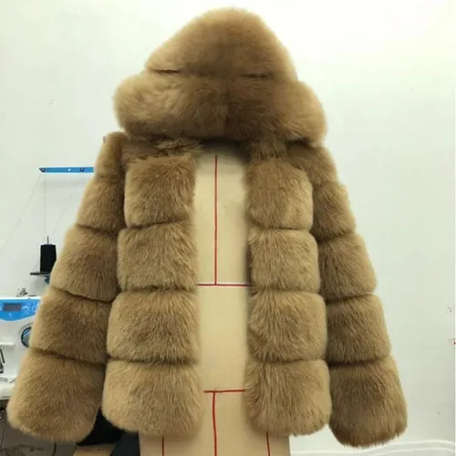 Women Hooded Long Sleeve Faux Fur Jacket