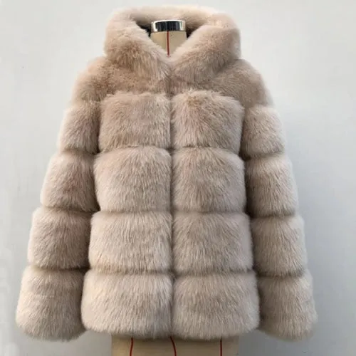 Women Hooded Long Sleeve Faux Fur Jacket