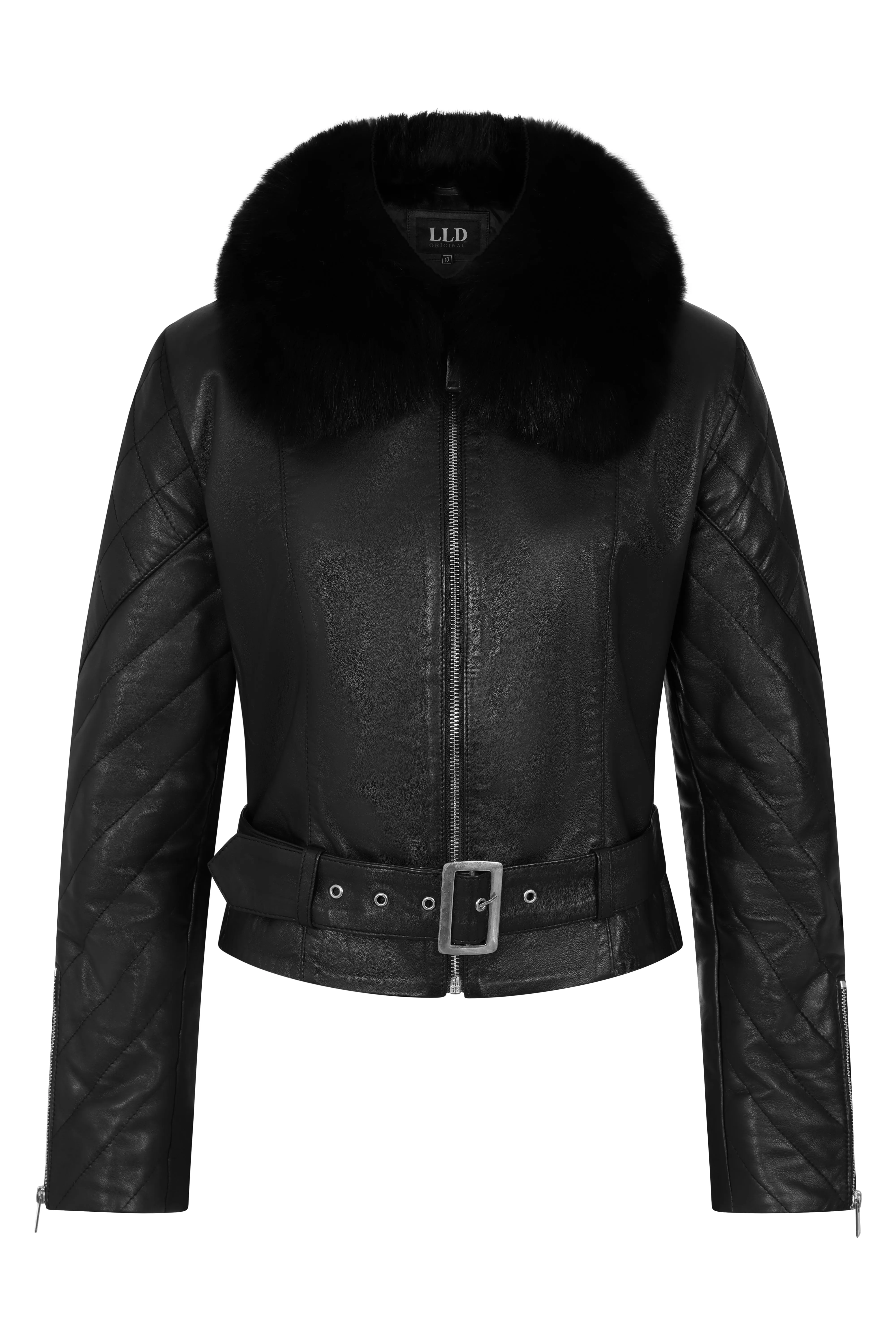 Women's Black Nappa Leather Fur Collar Biker Jacket - Lucky