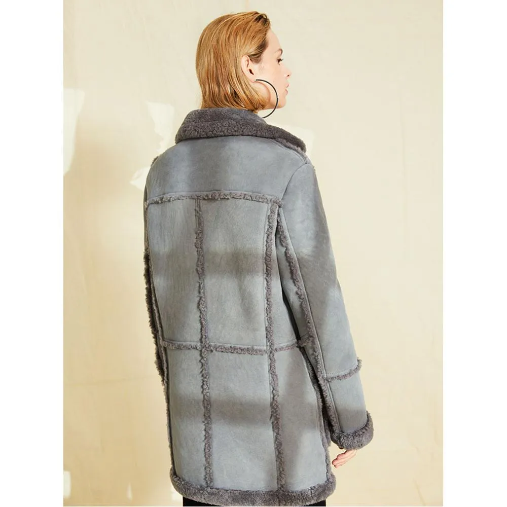 Womens Gray Suede Leather Warm Sheepskin Shearling Jacket Coat