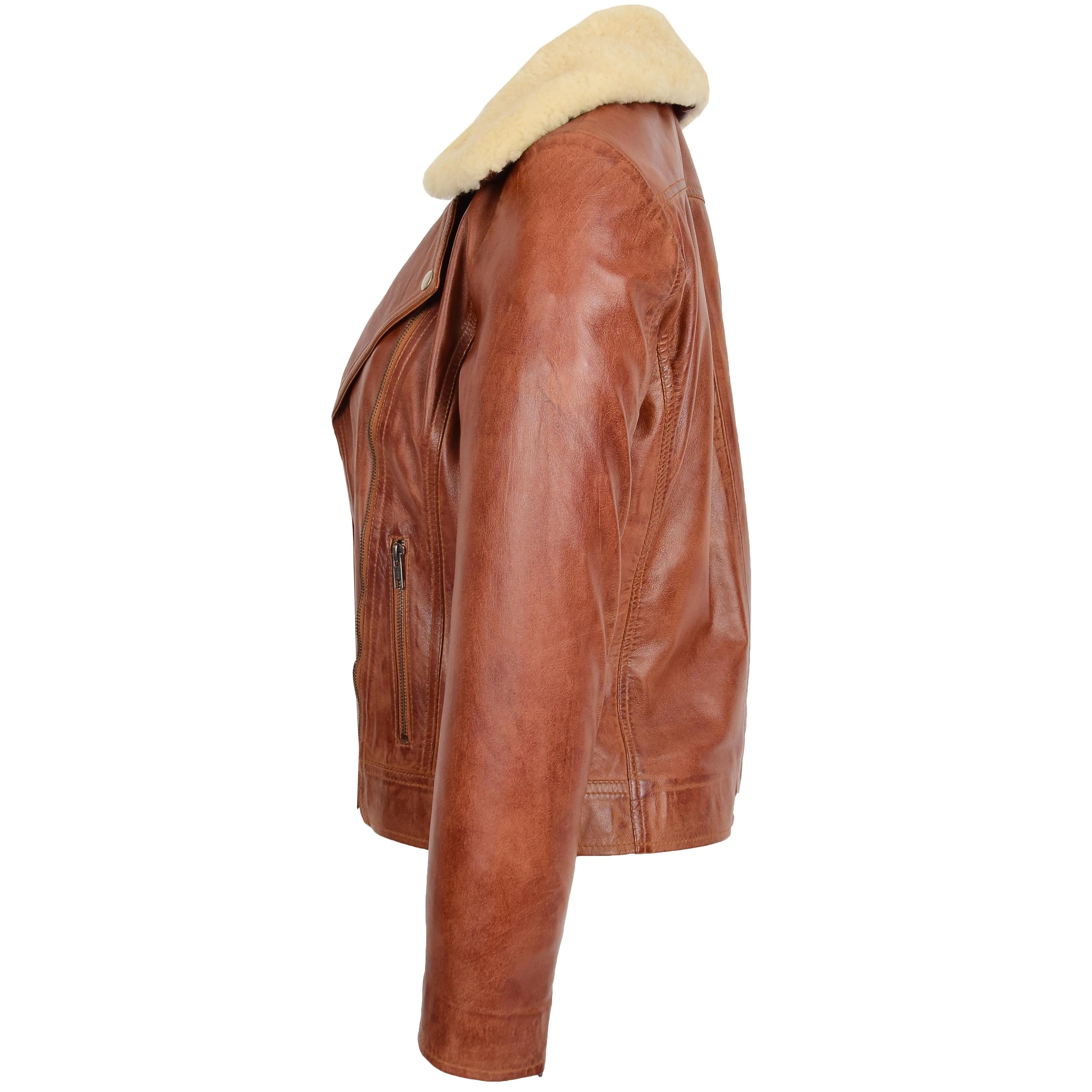 Womens Leather Biker Jacket with Detachable Collar Lauren Chestnut