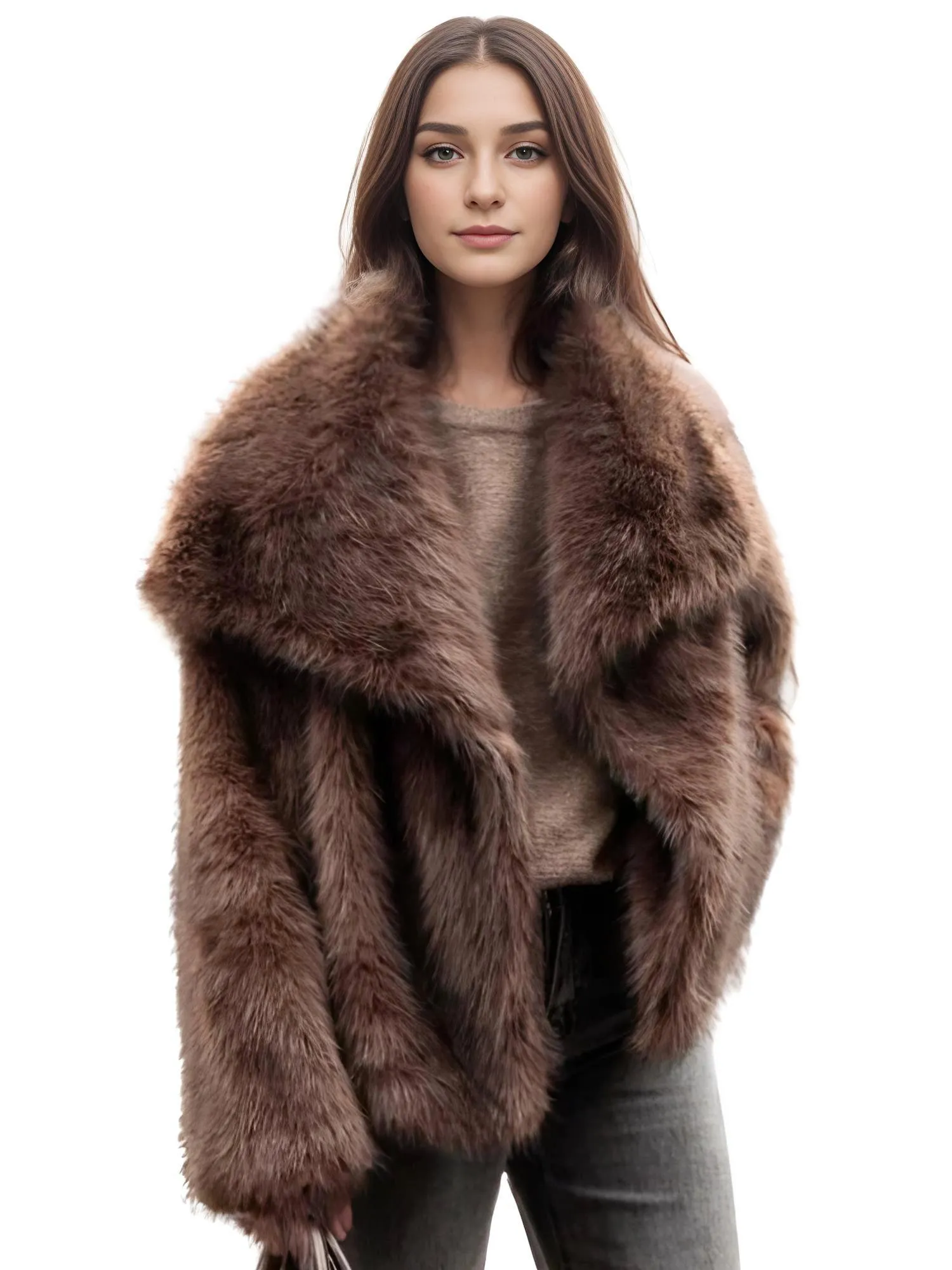 Women's Retro Oversized Collar Faux Fur Coat Winter Thick Warm Solid Color Furry Jacket Female High Street Outerwear