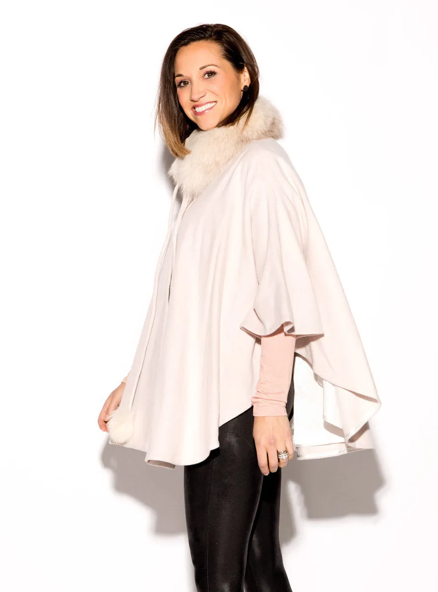 Wool Blend Cape with Fox Fur Collar & Pom Poms