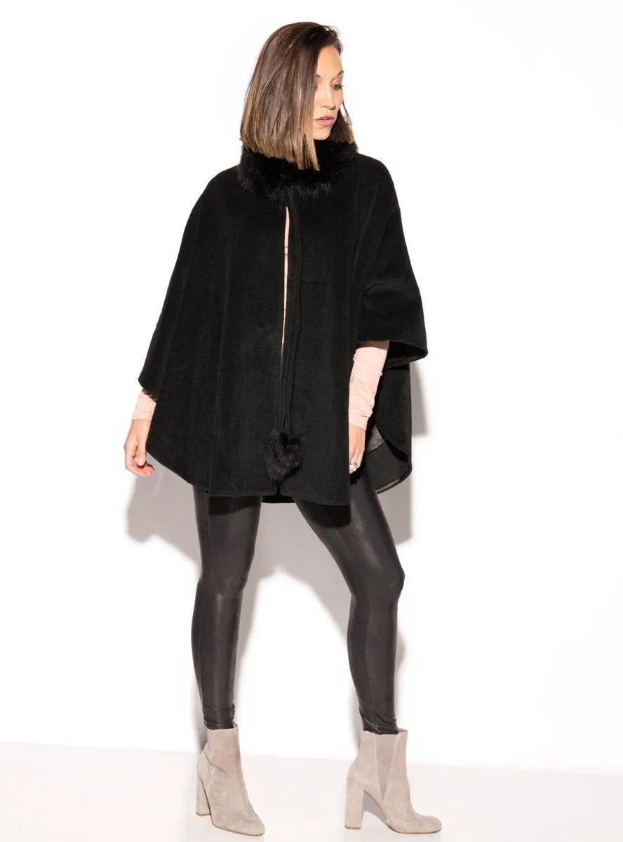 Wool Blend Cape with Fox Fur Collar & Pom Poms