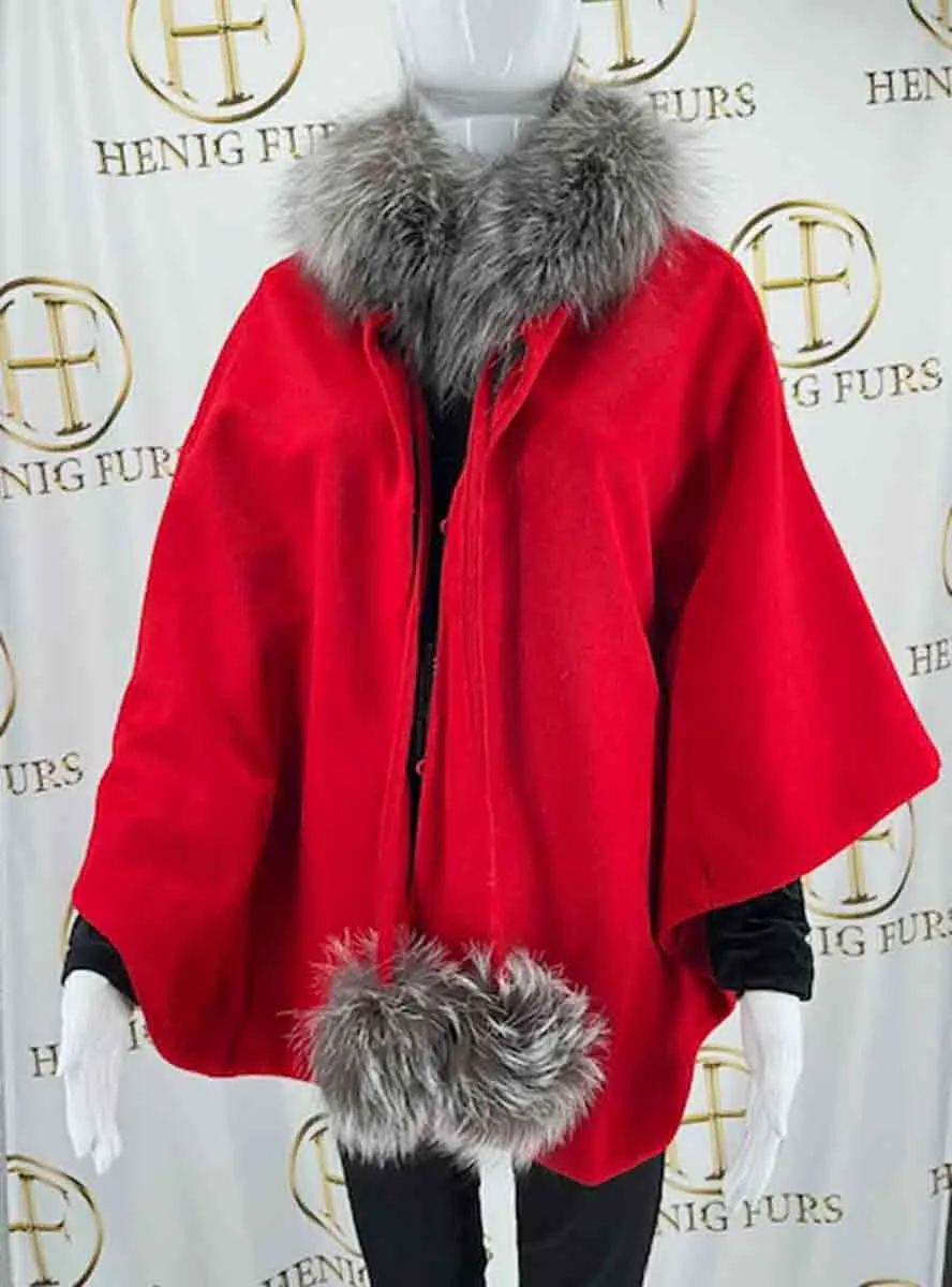 Wool Blend Cape with Fox Fur Collar & Pom Poms