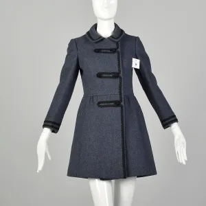 XXS 1960s Coat Blue Wool Babydoll Mod Black Military Trim Winter Heavyweight Winter Coat