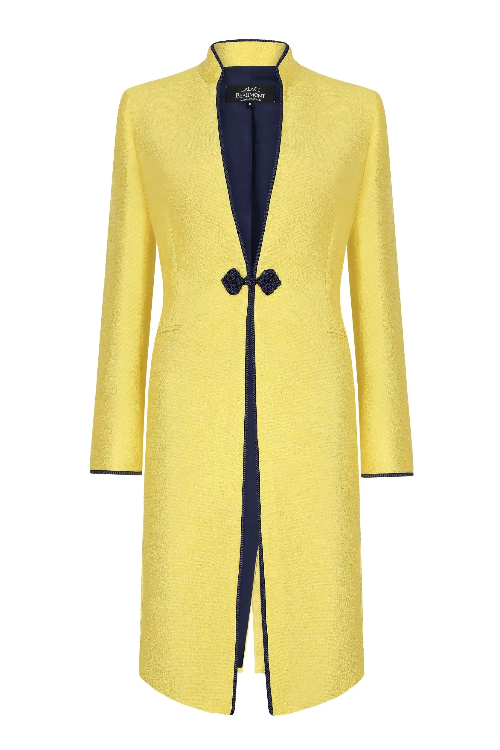 Yellow Dress Coat in Summer Brocade with Cord Trim and Frogging  - Vicky