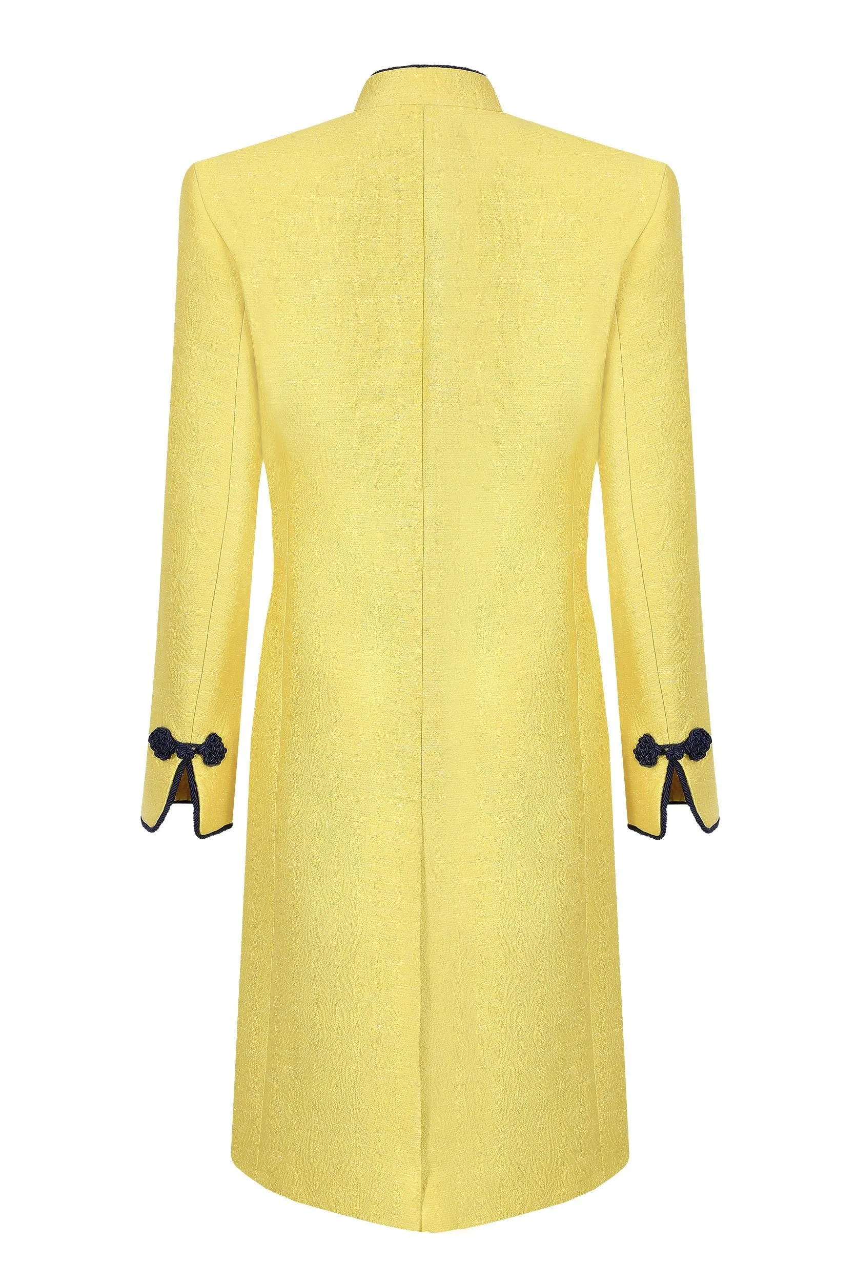 Yellow Dress Coat in Summer Brocade with Cord Trim and Frogging  - Vicky